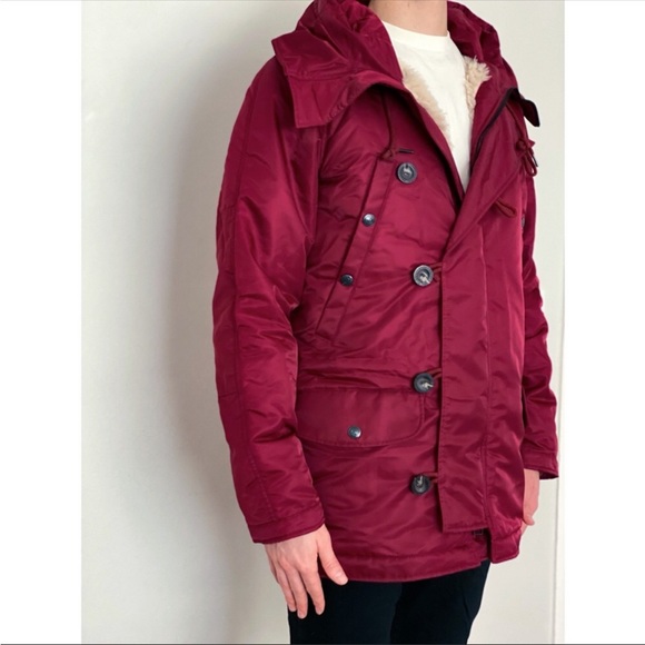 NEW True Religion Parka Fur Sherpa Zip Button Winter Jacket Hooded Coat Maroon - Picture 7 of 12